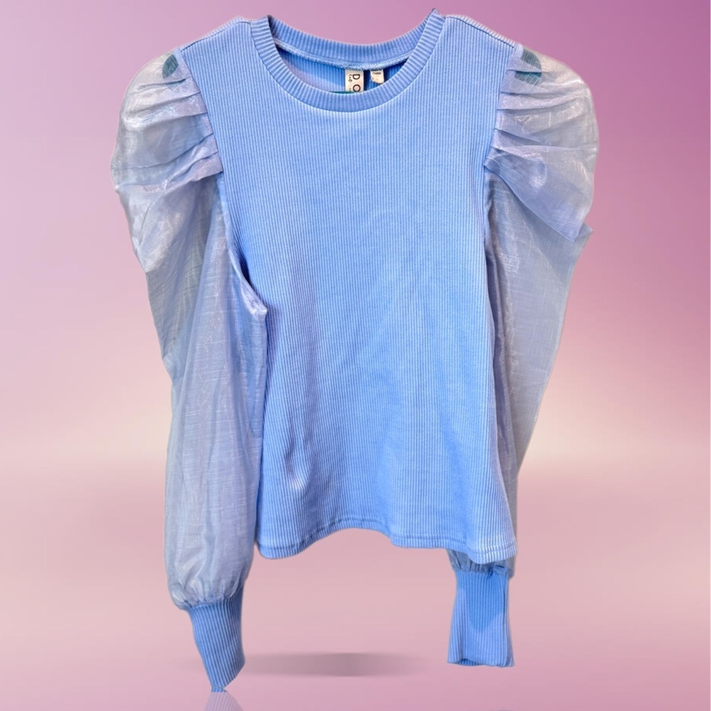 Elegant Blue Sheer Puff Sleeve Top Dolan By Anthropologie L - Picture 2 of 7